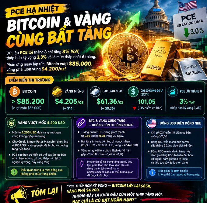 A Vietnamese financial infographic titled "PCE HẠ NHIỆT" reporting that Bitcoin surpassed $85,000 and gold exceeded $4,200/oz following August PCE inflation data of 3% YoY, with detailed market analysis sections for Bitcoin, gold, silver, and the DXY.