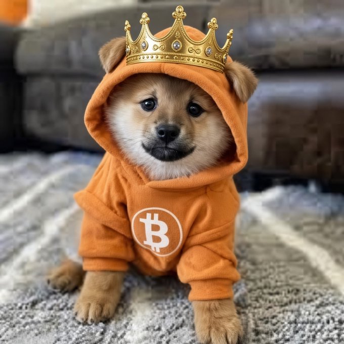 An adorable small dog wearing an orange Bitcoin hoodie with the B logo, topped with a golden jeweled crown, sitting on a rug.