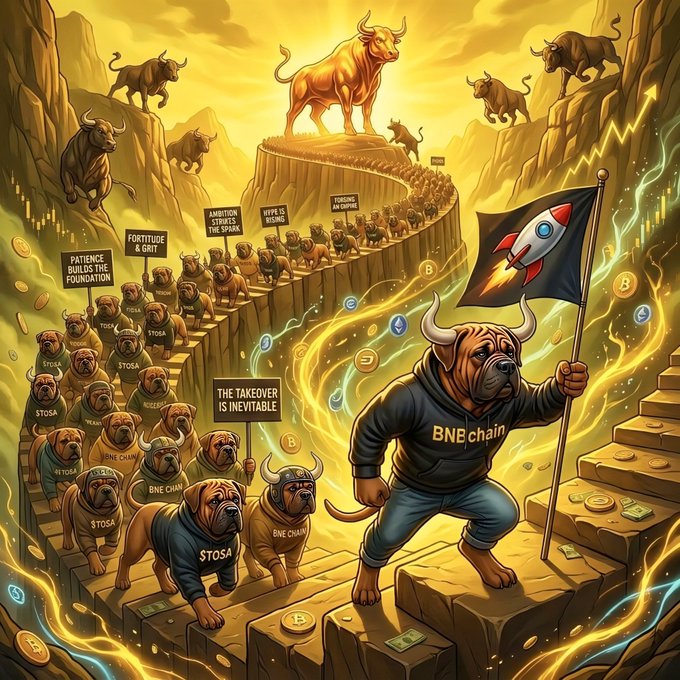 An illustration of bulls and a horned figure wearing a "BNB chain" hoodie holding a rocket flag, with signs reading "PATIENCE BUILDS THE FOUNDATION", "FORTITUDE & GRIT", "AMBITION STRIKES THE SPARK", "HYPE IS RISING", "TOUCHING AN EMPIRE", and "THE TAKEOVER IS INEVITABLE".