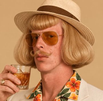 A portrait of a man with a blonde bowl cut wearing a straw hat, yellow aviator sunglasses, a mustache, and a Hawaiian shirt while holding a glass of brown liquor.