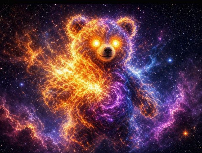 A vibrant digital artwork of a teddy bear made of cosmic nebula clouds with glowing yellow eyes, set against a starry space background.