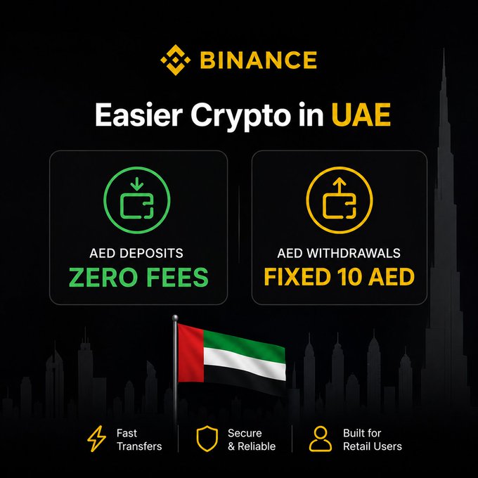 The image features two different logos, one for Binance and another for a cryptocurrency exchange called Binance Coin. The Binance logo displays a flag with the United Arab Emirates symbol, while the Binance Coin logo shows a city skyline. Both logos are in black against a white background. Below each logo, there is text that provides information about the services offered by both platforms. The text states that Binance offers zero fees on AED deposits and fixed 10 AED withdrawals, while Binance Coin has confirmed transactions and a clean experience for retail users.