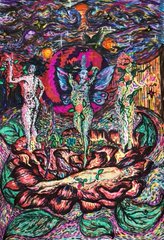 The image depicts a vibrant, surreal painting with figures and flora, representing the artistic creation that inspired the accompanying tweet about AI building Web3 products. This artistic piece serves as a visual metaphor for the creative potential being explored by AI.