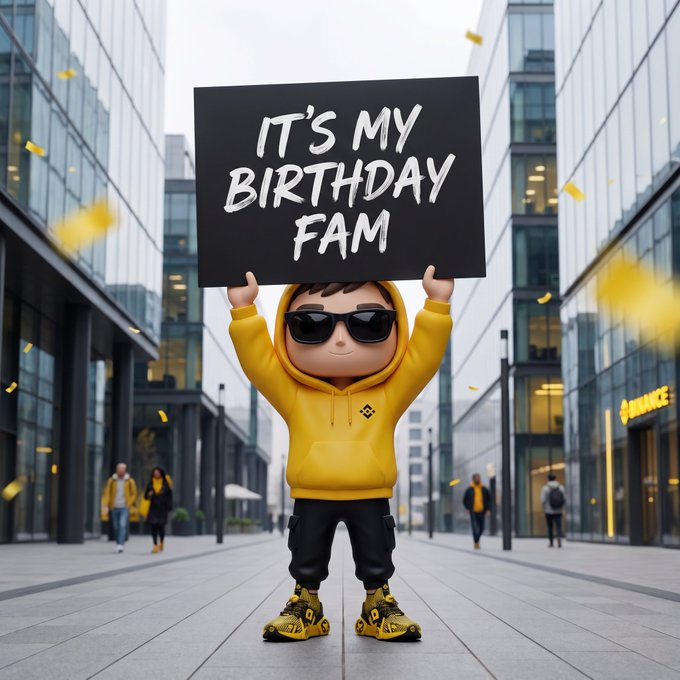 A cartoon character in a yellow hoodie and sunglasses stands triumphantly in a modern city street holding a sign reading "IT'S MY BIRTHDAY FAM," with the Binance logo visible on a building behind them, capturing the celebratory milestone of marking both a personal birthday and one year as a Binance Angel.