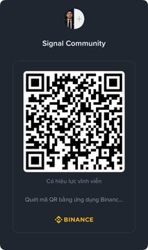 A Binance Signal Community card featuring a QR code and a moon emoji icon.