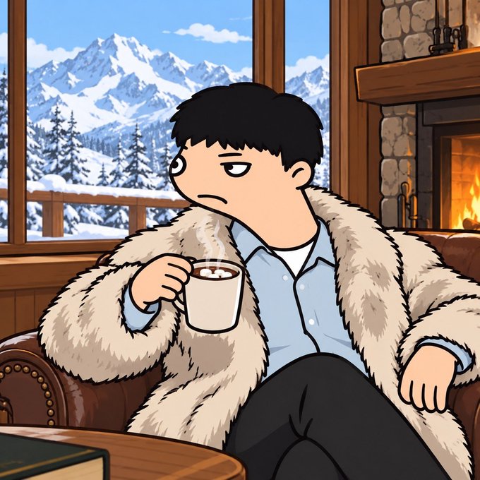 A cartoon-style person lounging in a fur-trimmed robe and holding a steaming mug in a mountain lodge beside a fireplace.