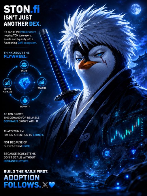 The image is a promotional graphic for STON.fi, featuring a stylized penguin samurai character holding a katana against a cosmic backdrop, with text emphasizing that "STON.fi ISN'T JUST ANOTHER DEX" and highlighting its role as infrastructure helping TON turn users, assets, and liquidity into a functioning DeFi ecosystem. The accompanying caption notes that STON.fi functions as more than a simple token-swapping DEX by providing the foundational infrastructure for the TON ecosystem.
