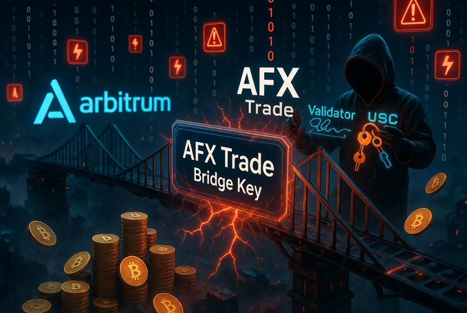 Cryptocurrency-themed graphic warning about AFX Trade, showing Arbitrum logo, a hooded figure with keys labeled 'Validator' and 'USC', and an 'AFX Trade Bridge Key' warning sign.