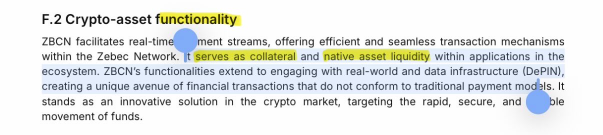 The image shows a text excerpt titled "F.2 Crypto-asset functionality," describing ZBCN as the native asset of the Zebec Network that enables real-time payment streams, serves as collateral and liquidity within the ecosystem, and bridges real-world data infrastructure (DePIN). This aligns with the post framing ZBCN as the central "North Star" of the Zebec Network.