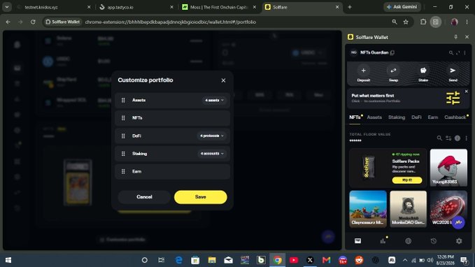 A screenshot of a computer desktop shows a 'Customize portfolio' window for a SoftWare Wallet extension, with options for Assets, NFTs, DeFi, Staking, and Earn.