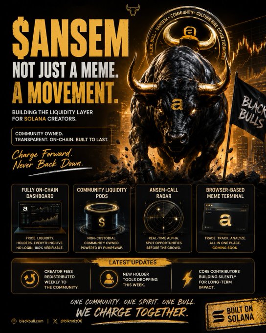 Promotional poster for '$ANSEM - NOT JUST A MEME. A MOVEMENT.' featuring a black bull with the 'a' logo, advertising community-owned features on Solana including liquidity pods, dashboard, and meme terminal.