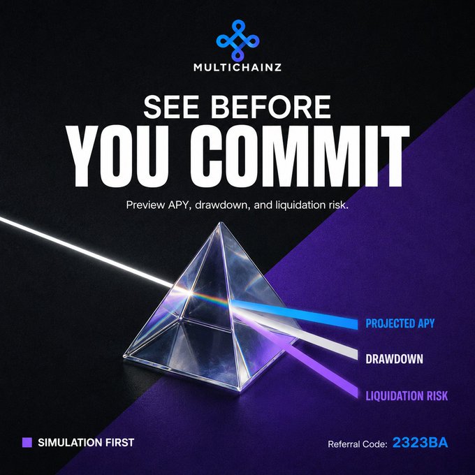 A promotional graphic for MultiChainz reads 'SEE BEFORE YOU COMMIT' with sections for Projected APY, Drawdown, and Liquidation Risk, featuring a glass prism splitting light beams and referral code 2323BA.