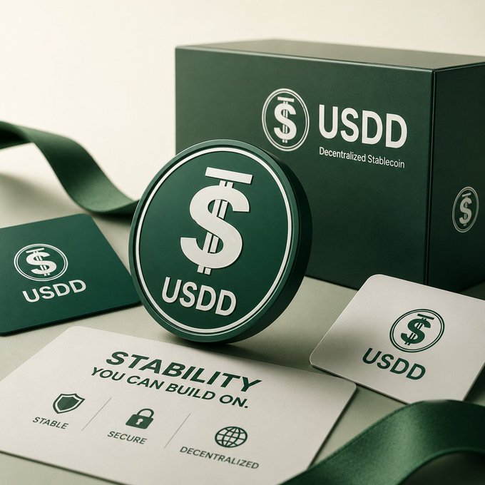 A branded USDD promotional display featuring a dark green box, circular token-style badge, and cards showcasing the USDD logo alongside messaging reading "STABILITY YOU CAN BUILD ON," "STABLE," "SECURE," and "DECENTRALIZED." The image visually reinforces the post's emphasis on USDD's role as a transparent, decentralized stablecoin providing reliable liquidity for DeFi activity.