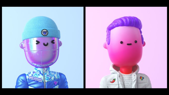 Two stylized 3D character illustrations are displayed side by side; one has a metallic chrome face wearing a blue beanie on a blue background, while the other has a pink face with purple hair on a pink background.