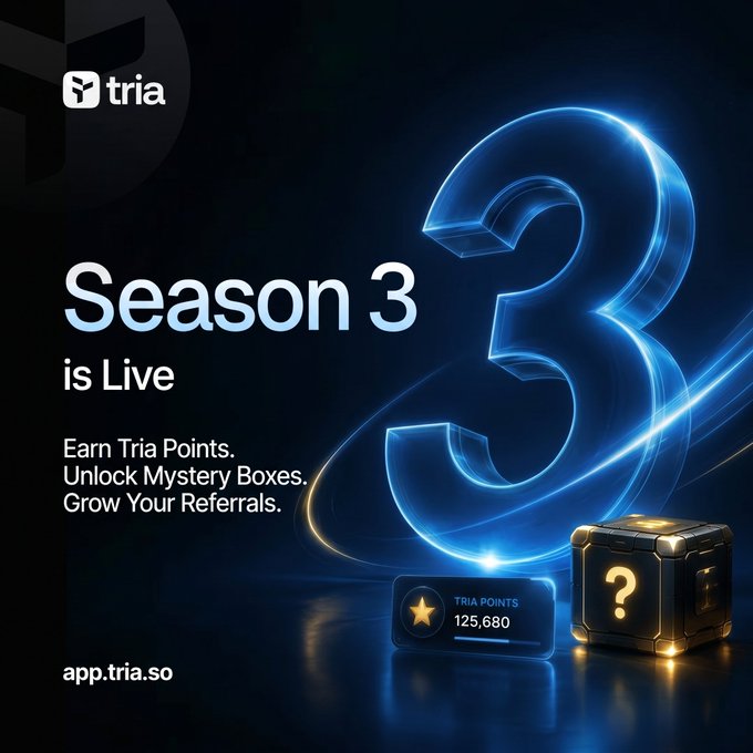 The image features a large block of blue letters that say "Season 3" along with a question mark. The text also mentions that Season 3 is live and encourages users to earn Tria Points by using the app, which can be found at the bottom right corner of the image.
