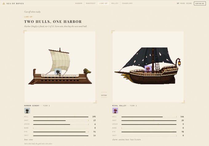 A webpage titled 'SEA OF BONES' shows a 'TWO HULLS. ONE HARBOR' lineup comparing the 'HARBOR KINNOW - TIER 3' (Hull: 195, Speed: 17, Cargo: 6, Board: 0, Ftg: 76, Crft: 14) and the 'REVEAL GALLEY - TIER 5' (Hull: 166, Speed: 29, Cargo: 9, Board: 0, Ftg: 78, Crft: 0).