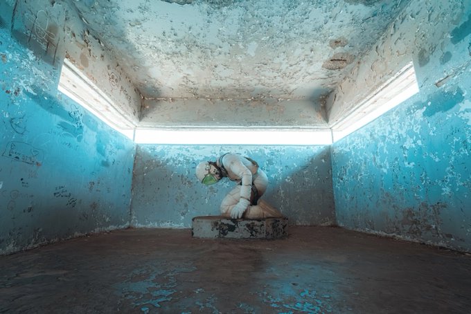 A figure wearing a gas mask and gas station attendant uniform kneels despondently on the floor of a dilapidated, blue-painted room covered in graffiti.