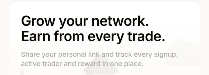 A promotional banner displaying the text "Grow your network. Earn from every trade. Share your personal link and track every signup, active trader and reward in one place," appears to advertise a referral or affiliate program, which aligns with the post's mention of an airdrop opportunity and a 17-hour countdown window.