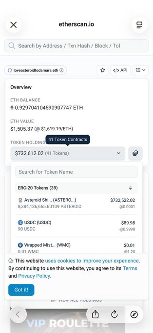 A screenshot of a cell phone screen displaying a website called Etherscan.io that shows information about an Ethereum wallet address. The screen also has some text that might be related to Bitcoin or another cryptocurrency, but it is not clear from the image alone what exactly the website is showing.