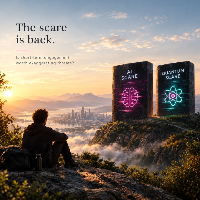 A scenic promotional graphic with text 'The scare is back. Is short-term engagement worth exaggerating threats?' showing a person overlooking a misty city with two glowing monoliths labeled 'AI SCARE' (pink brain icon) and 'QUANTUM SCARE' (atom icon).