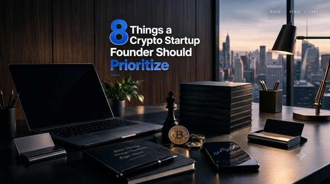 A stylized image of a desk with a laptop and city view, featuring the text '8 Things a Crypto Startup Founder Should Prioritize'.