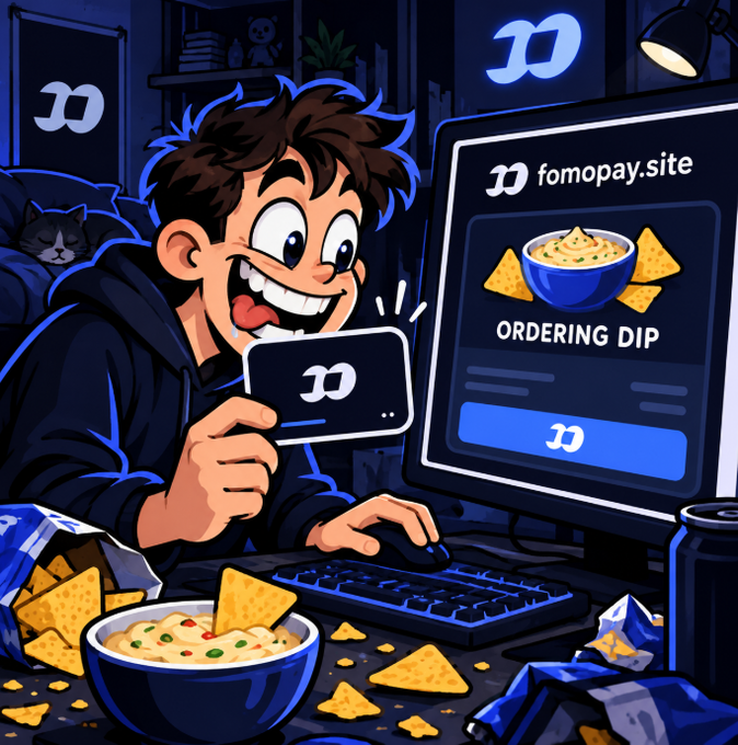 A cartoon boy excitedly orders dip on his computer showing "fomopay.site" with the "ORDERING DIP" screen, while holding a payment card and surrounded by chip crumbs. The image humorously illustrates the post's claim of using Fomo Pay to purchase the dip, tying into the meme's punchline about buying dip with the crypto payment platform.
