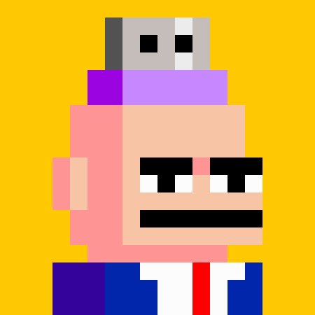 A simple 8-bit style pixel art image showing a pink blocky character with a gray rectangular head against a yellow background.
