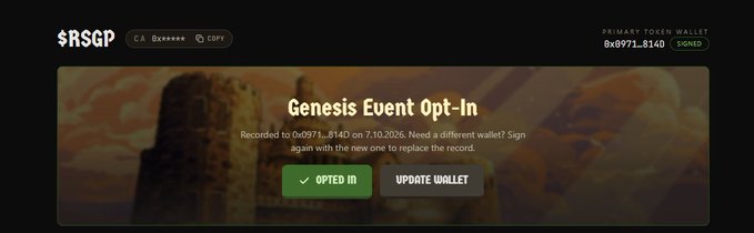 A website interface for $RSGP showing a 'Genesis Event Opt-In' button with options to 'OPTED IN' or 'UPDATE WALLET' for the wallet 0x0971...814D.