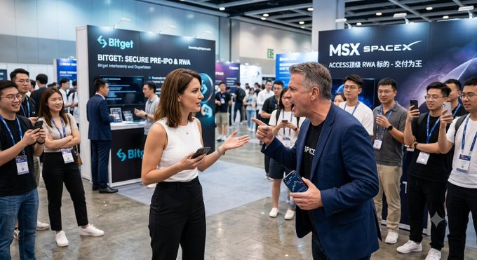 The image shows a group of people gathered at an event, with two men standing near each other and one woman holding a phone. The background includes several booths or displays related to technology companies like MSX (Microsoft) and Bitget. The scene suggests that there might be a discussion or negotiation taking place between the two parties, possibly regarding stock options or tokenized U.S. stocks.