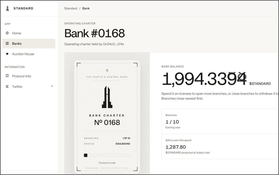 A webpage for "Bank #0168" on the STANDARD platform showing a bank balance of 1,994.3394 $STANDARD with 1/10 branches and "SOULBOUND" status.