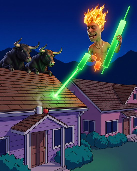 A surreal digital illustration shows a fiery-haired man wielding a green lightsaber-like weapon above a pink house at night, with two black bulls on the roof and a small mug and apple perched at the edge.
