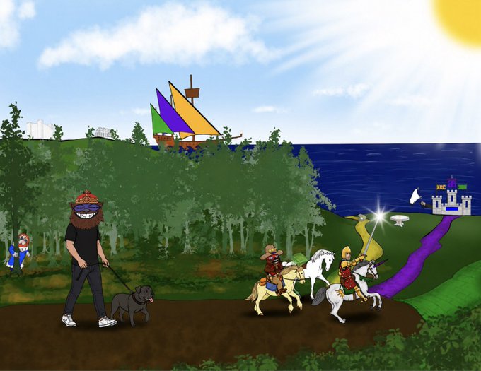 A digital collage artwork featuring various figures including a person walking a dog, horseback riders, a sailing ship on a hill, and a castle, set against a landscape with ocean and sun.