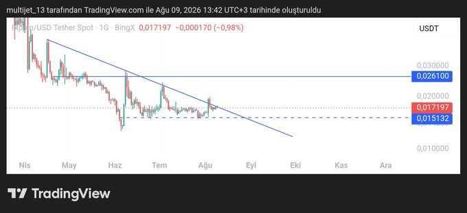 A TradingView chart for SHIB/USD Tether Spot showing a downward trendline from April to August, with a current price of 0.017197 (-0.98%).