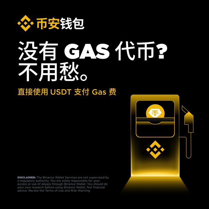 A Binance Wallet advertisement featuring a gold card reader illustration, with Chinese text promoting the ability to pay Gas fees directly using USDT on supported chains including BNB Smart Chain, Ethereum, Solana, and TRON.