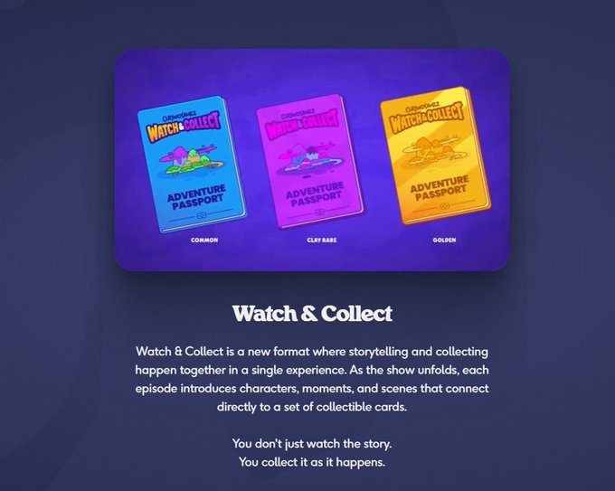 The image showcases three Claynosaurz "Watch & Collect" Adventure Passport trading cards in Common (blue), Clay Rare (purple), and Golden (yellow) tiers, illustrating the concept described in the post where storytelling and digital card collecting merge into a single Web3 experience.