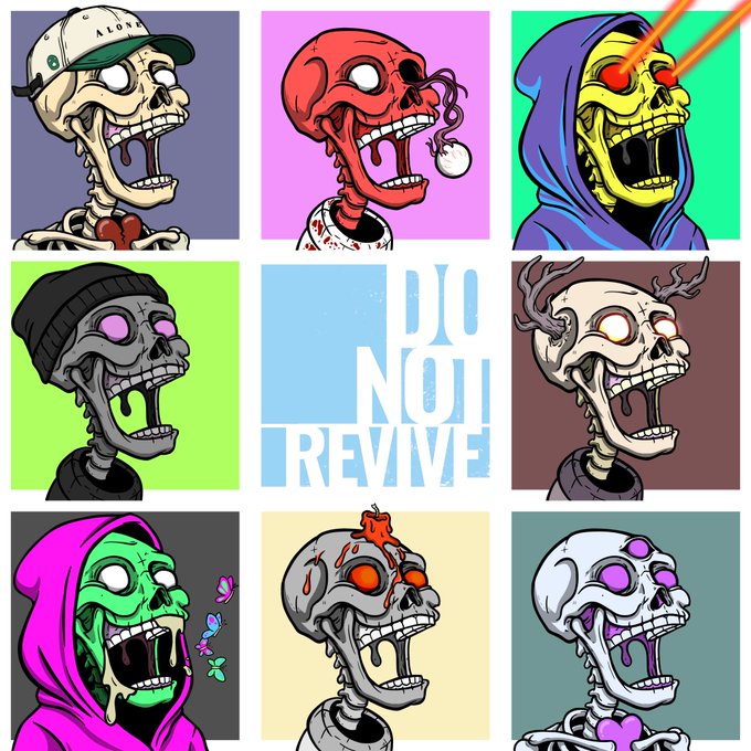 An illustration featuring a 3x3 grid of stylized screaming zombie skeletons with colorful backgrounds, surrounding a central panel reading "DO NOT REVIVE".