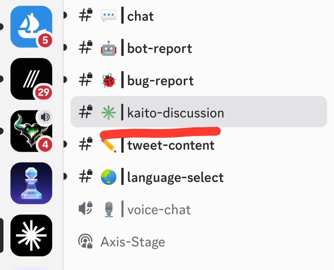 A Discord server menu shows channels including #chat, #bot-report, #bug-report, #kaito-discussion (highlighted), #tweet-content, #language-select, #voice-chat, and Axis-Stage, with the #tweet-content channel underlined in red.