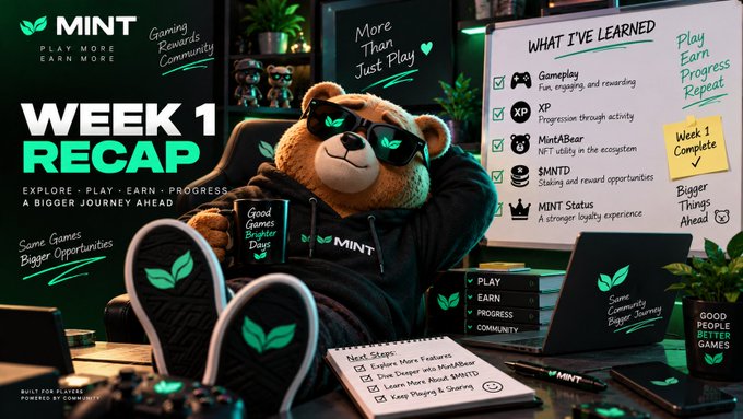 A MINT blockchain Week 1 Recap infographic featuring a teddy bear in sunglasses and a hoodie, highlighting lessons like Gameplay, XP, MintABear NFT, $MNTD staking, and growth to 8,000 people.