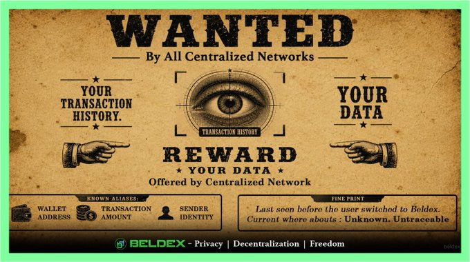 A vintage "WANTED" poster styled as a privacy advocacy ad by Beldex, featuring the tagline "Privacy | Decentralization | Freedom" and warning about centralized networks harvesting wallet addresses, transaction amounts, and sender identities—reinforcing the post's message about the hidden traces users leave behind online.