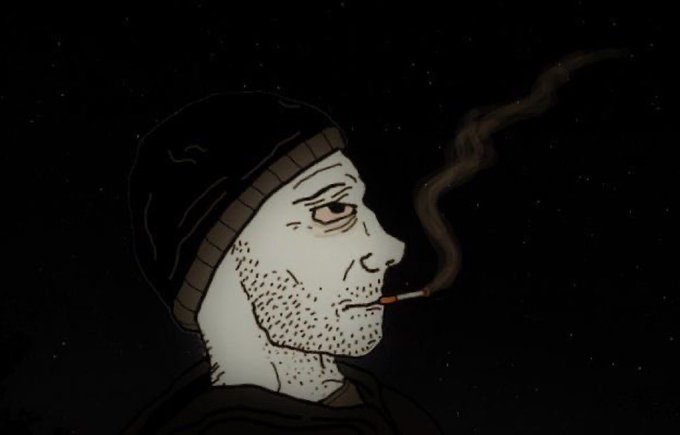 A 'wojak' style cartoon illustration of a bearded man wearing a beanie and smoking a cigarette against a dark starry background.