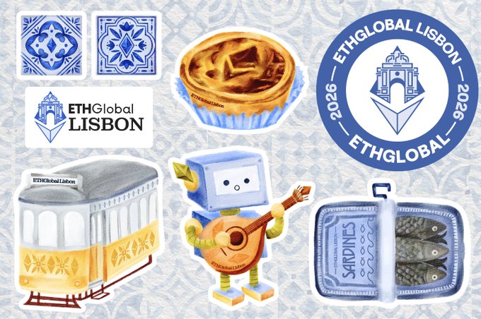 A collection of illustrated stickers featuring ETHGlobal Lisbon 2026 branding, including a robot playing a Portuguese guitar, a pastéis de nata pastry, sardines, and a yellow tram.