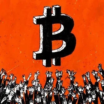 A stylized black and white illustration of a crowd raising their hands in worship toward a large 3D Bitcoin logo against an orange background.