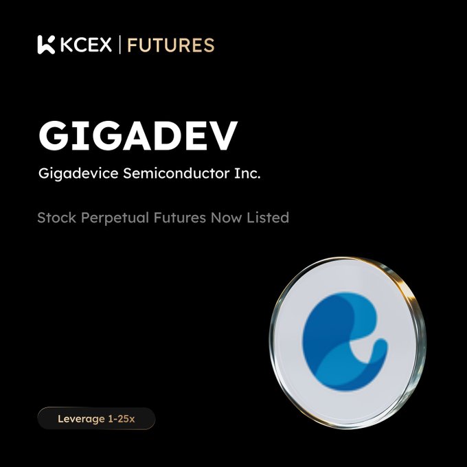 KCEX Futures announcement listing GIGADEV (Gigadevice Semiconductor Inc.) Stock Perpetual Futures with 1-25x leverage, shown with a blue logo.