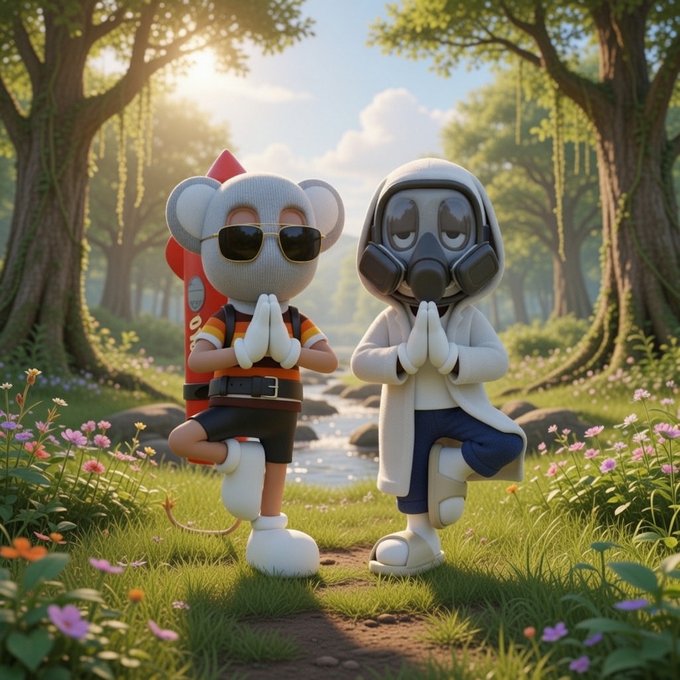 A 3D-rendered scene of two cartoonish characters, one resembling a mouse with sunglasses and the other wearing a hood and gas mask, both standing on one leg with hands together in a praying pose in a lush forest.