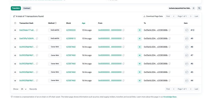 A blockchain explorer page showing a list of 7 transactions with details including transaction hashes, methods like 'Delegate' and 'Owner Mint', block numbers, and transfer information.