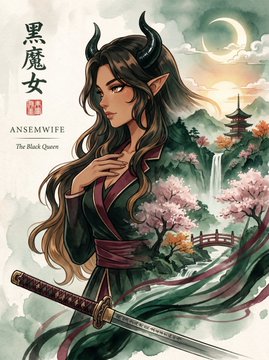 Anime-style illustration of a horned demon woman with long dark hair in traditional Japanese attire, holding a katana, with a pagoda, cherry blossoms, and a crescent moon in the background, labeled '黒魔女 ANSEMWIFE The Black Queen'.