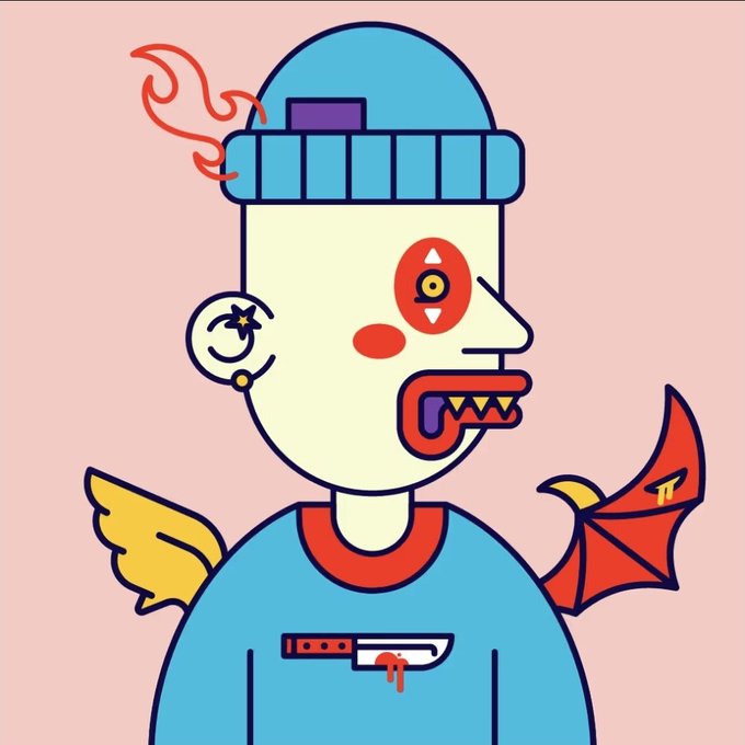 A colorful, stylized digital illustration of a quirky character with mismatched features, including a yellow wing, a red bat-like wing, a blue beanie, sharp teeth, and a knife embedded in their chest.