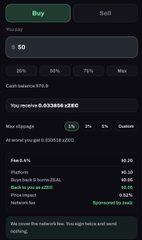 A cryptocurrency trading interface shows a 'Buy' and 'Sell' option with 'You pay $50' and 'Cash balance 875.8' displayed, along with gas fee information.