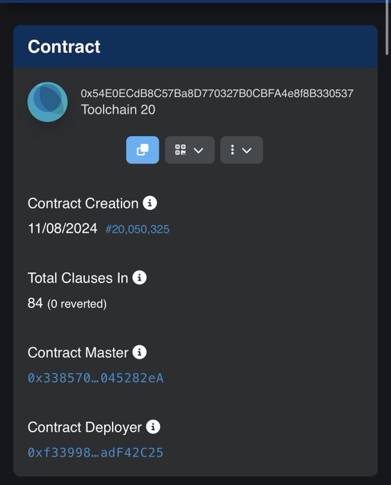 The image displays a contract details page for "Toolchain 20" with the address 0x54E0ECdB8C57Ba8D770327B0CBFA4e8f8B330537, created on 11/08/2024 at block #20,050,325, containing 84 clauses (0 reverted), with a master at 0x338570...045282eA and deployer 0xf33998...adF42C25. This relates to the post by providing visual evidence that Toolchain 20 was created on November 8, 2024, contradicting the user's claim that the last toolchain contract was made "almost 2 years ago," while also showing active clause counts that suggest recent engagement with the VeChain Toolchain system.