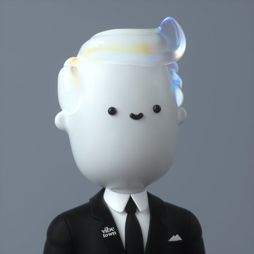 The image features a white character with a black suit, tie, and jacket standing against a gray background. The character has a big smile and appears to be wearing glasses. There are four other characters in the scene, including one person on the left side of the image and two more on the right side. The text "Vive Town" is written above the white character's head, and there is also some text below it that reads "Although the market is bloody, we're seeing some aesthetic grail grabs recently: 
- Grailscale Suit: .57 eth - Visor Down Moto: .59 eth - Red Beard: 1.8 eth I'm always available for buying questions if you're not familiar".